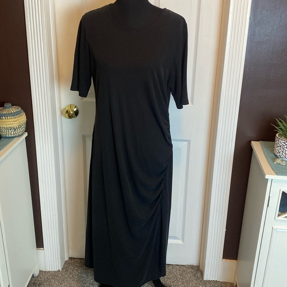 Ophelia Roe Black Ribbed Ruched Dress Shortsleeved Lightweight Sz XL